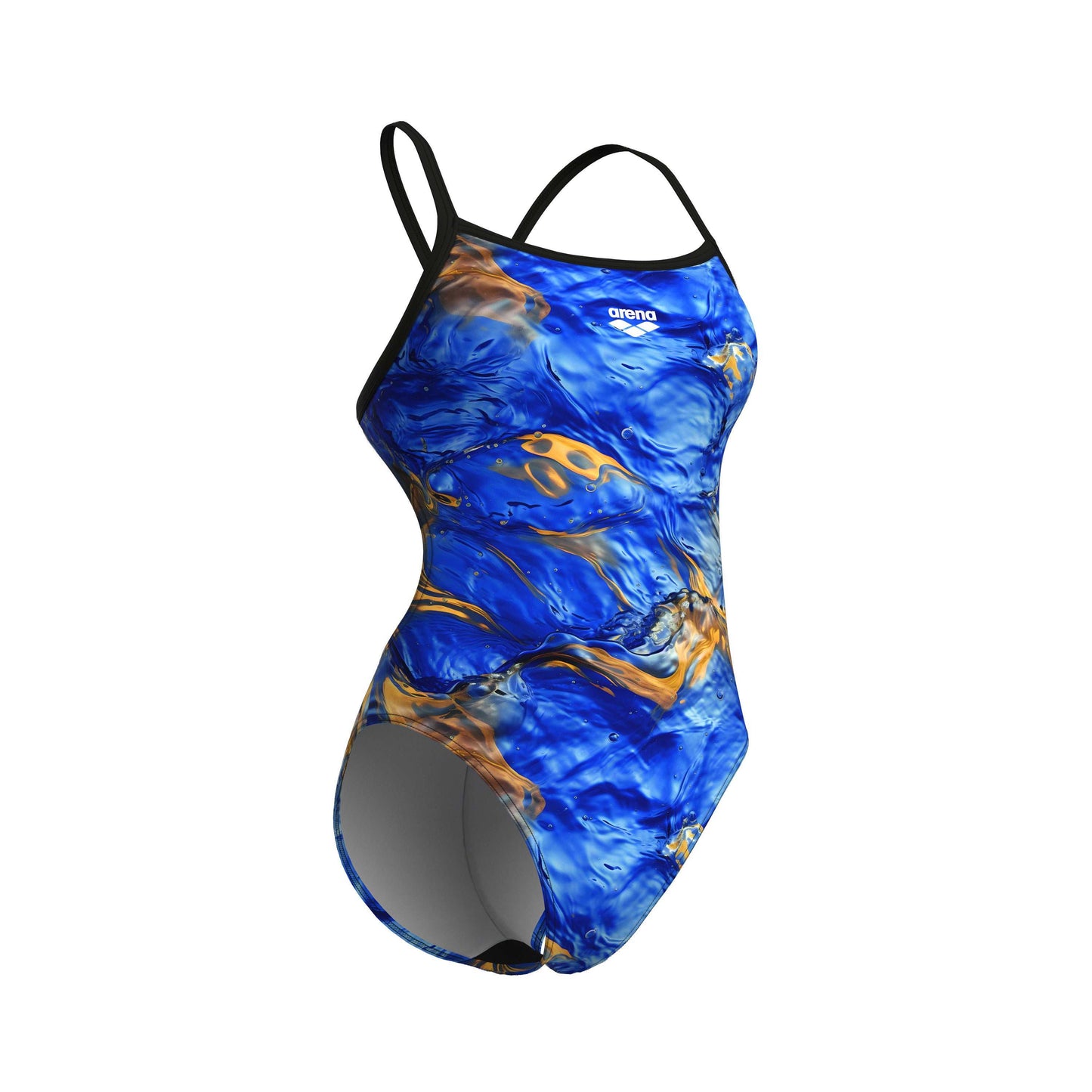 WOMEN'S ARENA GOLD LEAVES SWIMSUIT CHALLENGE BACK BLUE