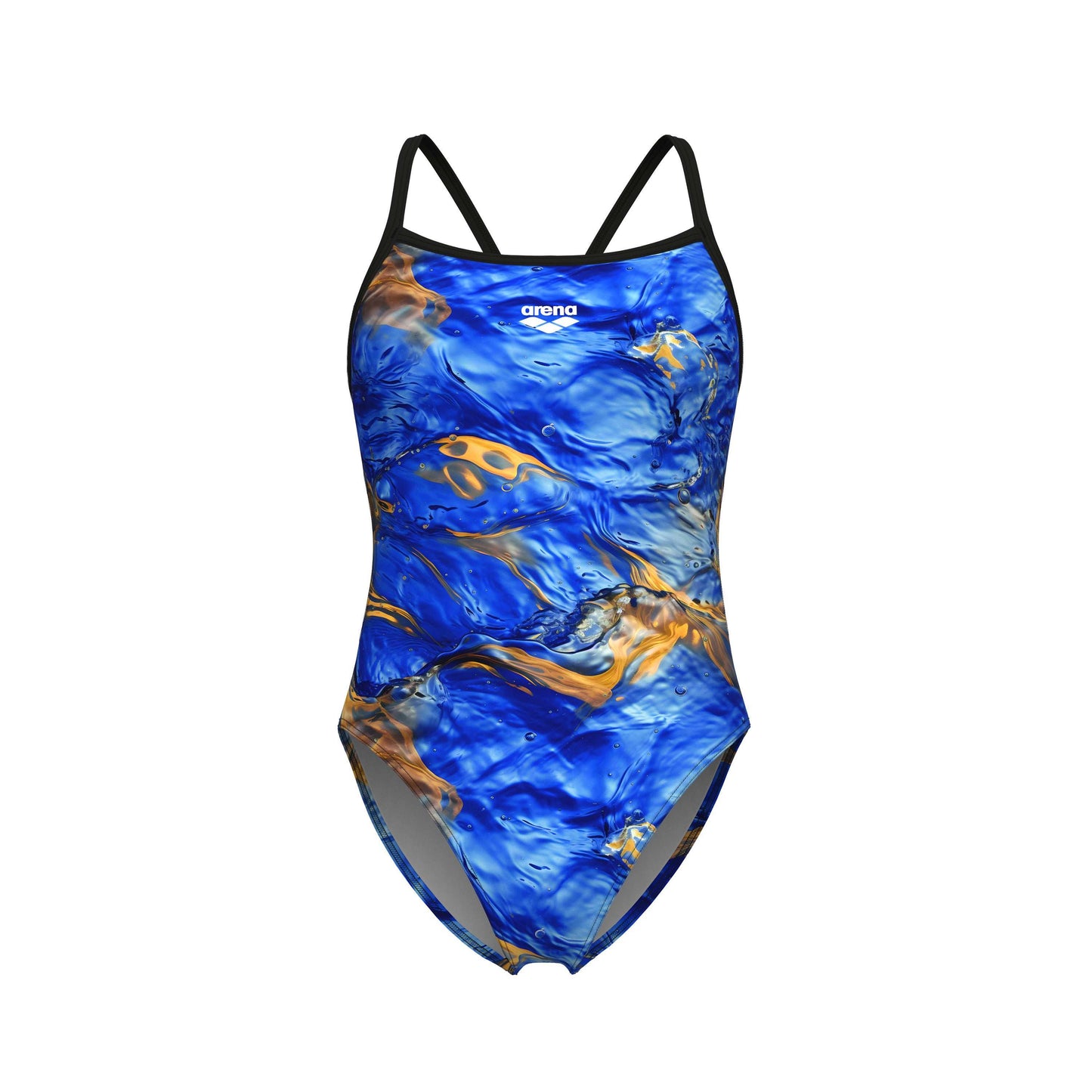 WOMEN'S ARENA GOLD LEAVES SWIMSUIT CHALLENGE BACK BLUE