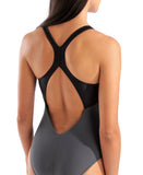 WOMEN'S ARENA GRID SWIMSUIT V BACK GRAPHIC ASPHALT
