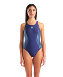 WOMEN'S ARENA GRID SWIMSUIT V BACK GRAPHIC NAVY-WATER