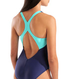 WOMEN'S ARENA GRID SWIMSUIT V BACK GRAPHIC NAVY-WATER