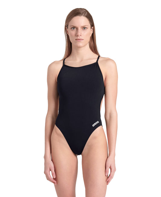 WOMEN'S SWIMSUIT LACE BACK SOLID BLACK-WHITE
