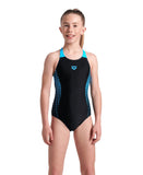 GIRL'S ARENA OPENINGS SWIMSUIT V BACK BLACK-TURQUOISE