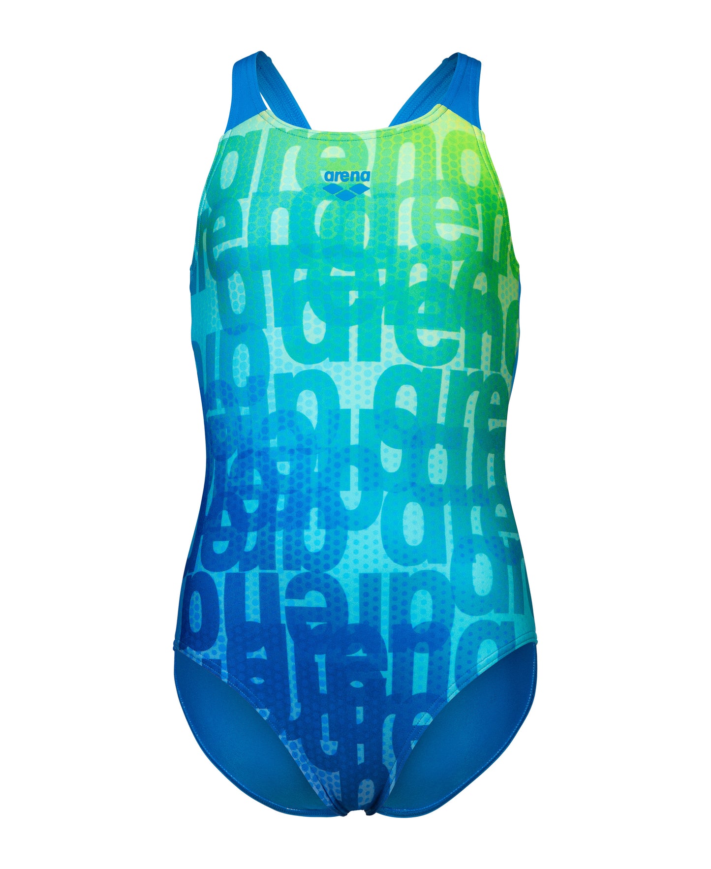 GIRL'S ARENA MULTI COLOURS SWIMSUIT V BACK BLUE