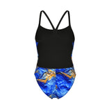 WOMEN'S ARENA GOLD LEAVES SWIMSUIT CHALLENGE BACK BLUE