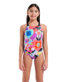 Arena Girl's Roses Swimsuit V Back One Piece – Black/White Multi