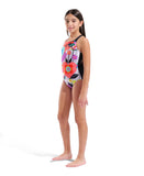 Arena Girl's Roses Swimsuit V Back One Piece – Black/White Multi