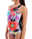 Arena Girl's Roses Swimsuit V Back One Piece – Black/White Multi