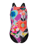 Arena Girl's Roses Swimsuit V Back One Piece – Black/White Multi