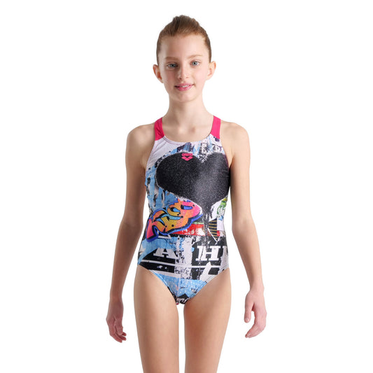 GIRL'S SWIMSUIT V BACK PLACEMENT BLACK-FREAK ROSE