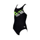 GIRL'S SWIMSUIT V BACK LOGO BLACK-SOFT GREEN